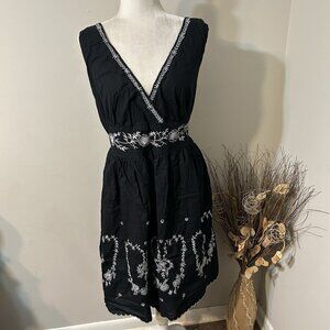 Vtg Blue Plate Women Black Sleeveless Dress V-neck White Floral Embroidery Sz 1X